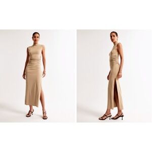 Abercrombie & Fitch Taupe Ruched Mock Neck Maxi Dress Side Slit MP Petite Brown